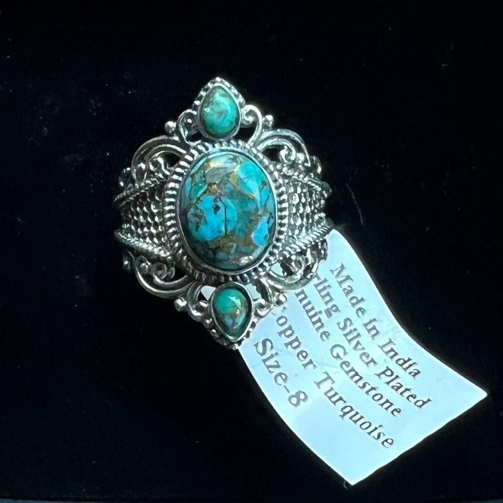 Vintage Blue Copper Turquoise Statement Ring – Size 8 - Sterling Silver Plated